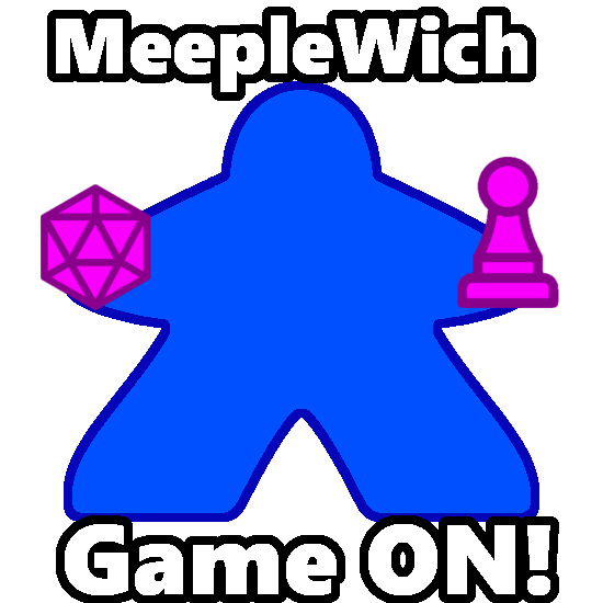 Meeple holding a d20 and pawn. Text reads "MeepleWich - Game ON!"
